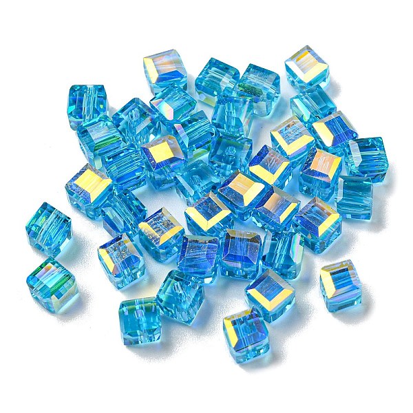 

PandaHall Electroplate Glass Beads, Faceted, Cube, Deep Sky Blue, 5.5x5.5x5.5mm, Hole: 1.6mm , 100pcs/bag Glass Cube