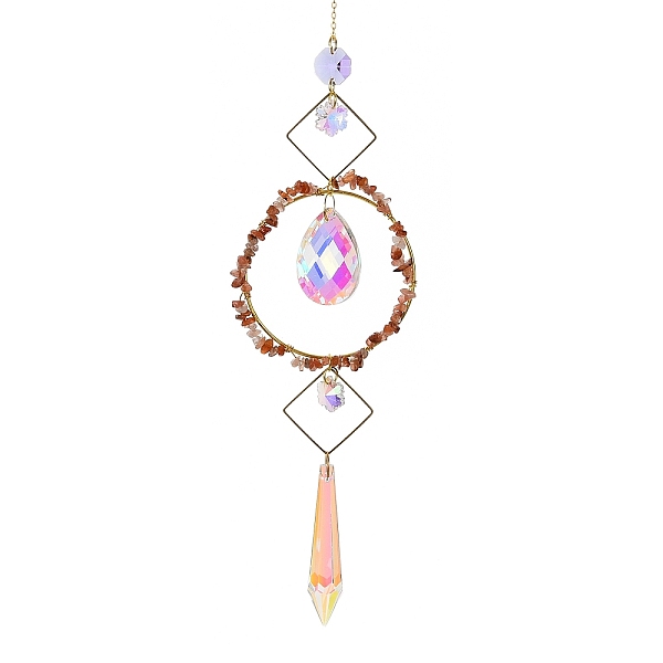 

PandaHall Natural Carnelian Chips Hanging Ornaments, Glass Teardrop Hanging Suncatcher, 420mm Carnelian Chip
