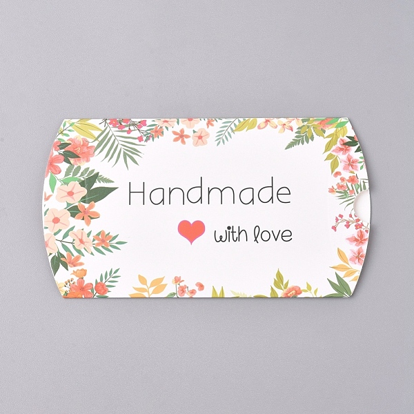 PandaHall Paper Pillow Boxes, Gift Candy Packing Box, Flower Pattern & Word Handmade with Love, White, Box: 12.5x7.6x1.9cm, Unfold...