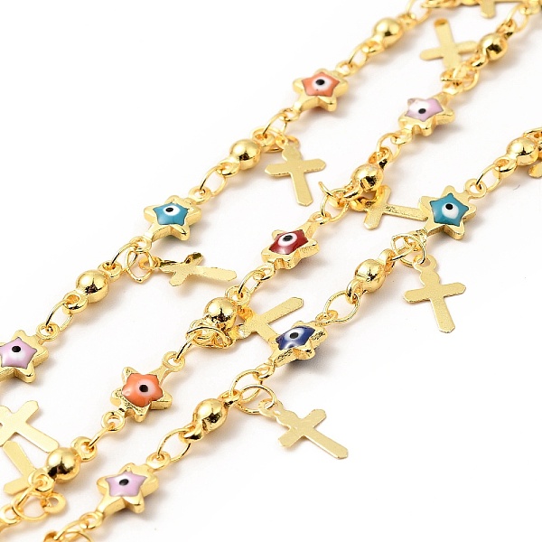 

PandaHall Enamel Star with Evil Eye Link Chains, with Real 18K Gold Plated Brass Cross Charms, Soldered, with Spools , Colorful, 11x5.5x2mm...