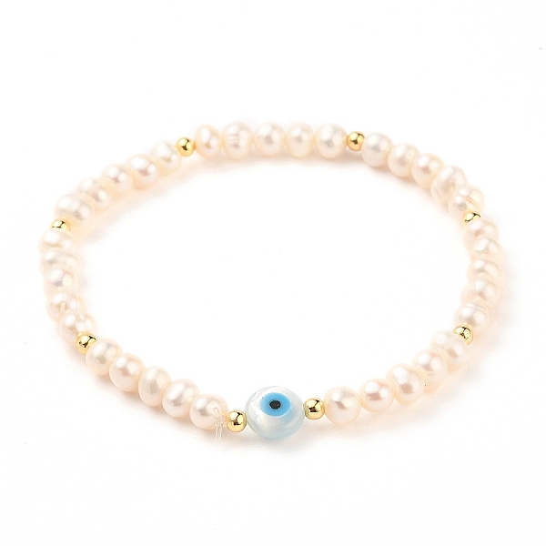 

PandaHall Natural Pearl Beads Stretch Bracelets, with Brass Beads, Natural White Shell Beads and Synthetic Turquoise, Evil Eye, Seashell...