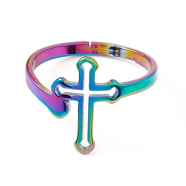 

PandaHall Ion Plating(IP) 201 Stainless Steel Hollow Out Cross Adjustable Ring for Women, Rainbow Color, US Size 6 1/4(16.7mm) 201 Stainless...