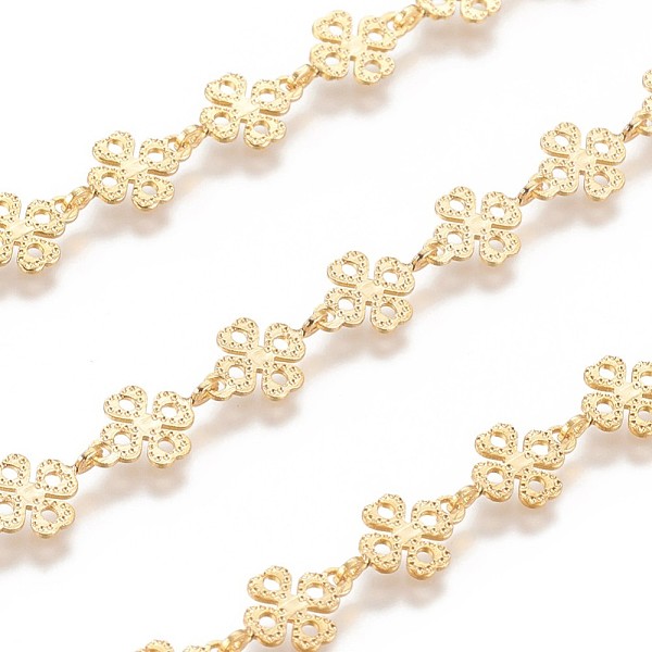 

PandaHall 3.28 Feet Brass Handmade Beaded Chains, Link Chain, Long-Lasting Plated, Soldered, Textured Four Leaf Clover, Real 18K Gold...
