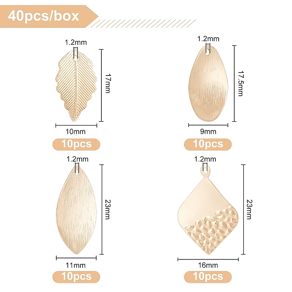 

PandaHall BENECREAT 40Pcs 4 Style Brass Pendants, Long-Lasting Plated, Twist Oval & Leaf & Rhombus, Real 14K Gold Plated...