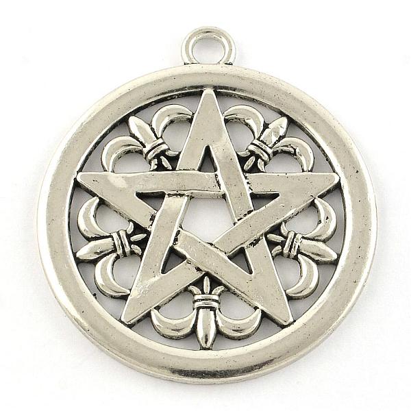 

PandaHall Tibetan Style Alloy Pendants, Cadmium Free & Lead Free, Pentagram Star, Antique Silver, 47x41.5x2mm, Hole: 4mm, about 83pcs/1000g...