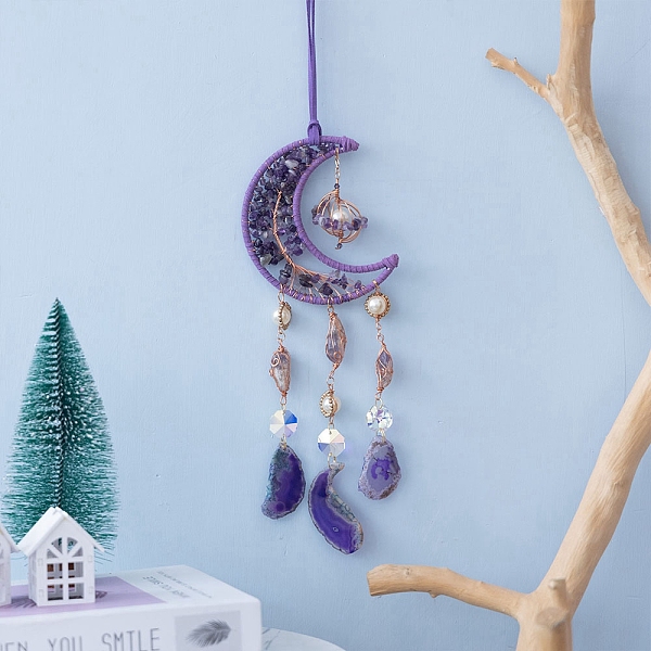 

PandaHall Moon Natural Amethyst Chips & Glass Suncatchers, Hanging Pendant Decorations with Golden Metal Findings, 360mm Amethyst Moon