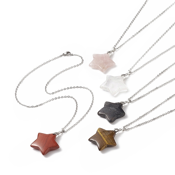 

PandaHall Natural Gemstone Star Pendants Necklace, 304 Stainless Steel Jewelry for Women, 45x0.2cm Mixed Stone