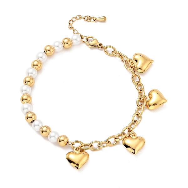 

PandaHall 201 Stainless Steel Heart Charm Bracelet, Plastic Pearl Beaded Bracelet with Vacuum Plating 304 Stainless Steel Cable Chains for..., White