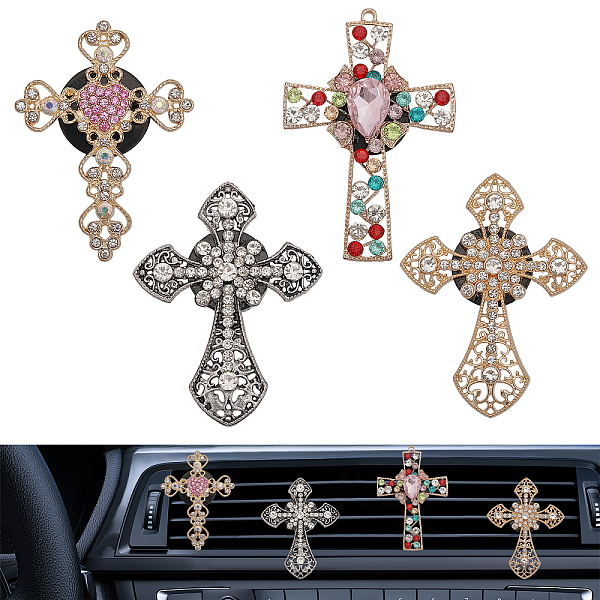 PandaHall CHGCRAFT 4 Sets 4 Style Zinc Alloy Auto Car Air Vent Perfume Clip, with Resin Clip & Aromatherapy Tablets, Hollow Religion Cross...