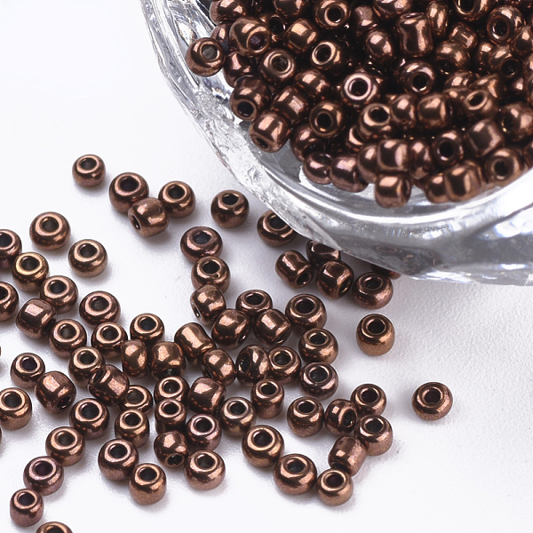 

PandaHall Plated Glass Seed Beads, Round, Saddle Brown, 2~2.3x1.5mm, Hole: 0.8mm, about 30000pcs/bag, about 450g/bag Glass Brown