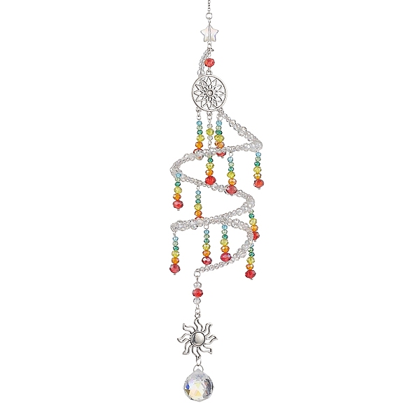 

PandaHall Glass Beaded Pendant Decoration, Alloy Sun & Round Tassel for Garden Outdoor Hanging Ornaments, Colorful, 345x60mm Glass Sun Clear