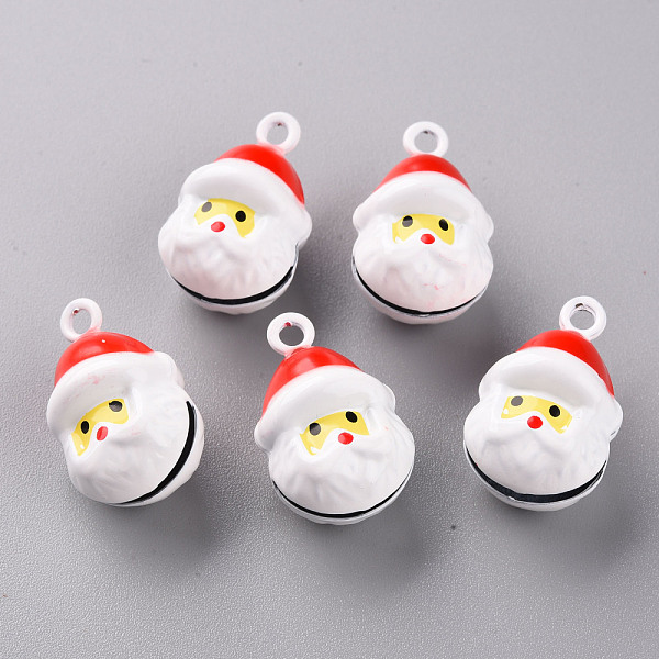 PandaHall Christmas Baking Painted Brass Bell Pendants, Father Christmas, White, 26x16x16mm, Hole: 2.5mm Brass Human White