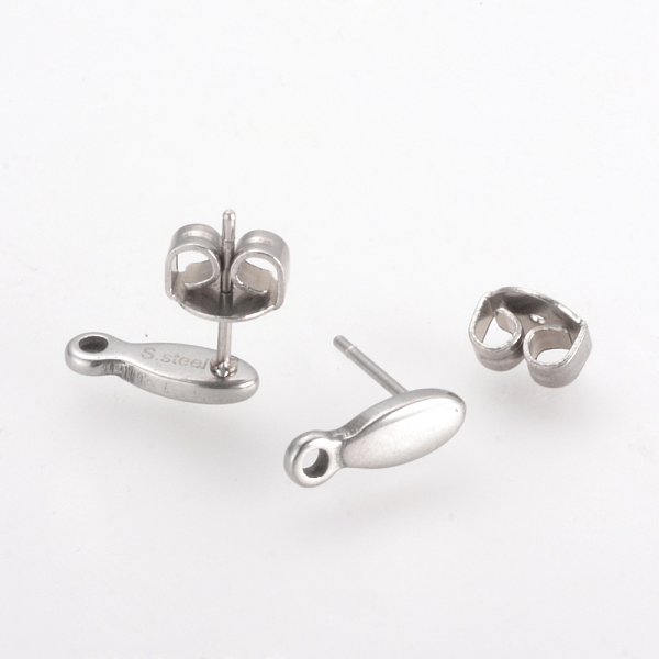 

PandaHall 201 Stainless Steel Stud Earring Findings, with Loop and 304 Stainless Steel Pins, Stainless Steel Color, Pin: 0.8mm, 12x4mm, Hole...