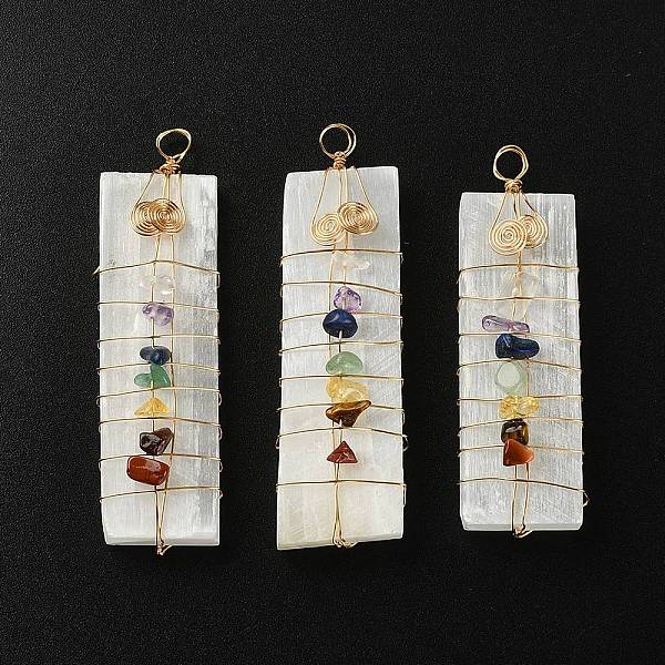 

PandaHall Chakra Jewelry, Natural Selenite Home Decorations, with Brass Wire Wrapped and Natural Gemstone Chip Beads, Rectangle...