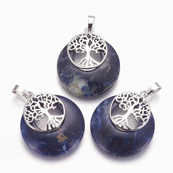 

PandaHall Natural Sodalite Pendants, with Platinum Tone Brass Findings, Flat Round with Tree of Life, 32.5~33x27.5~28x5~6mm, Hole: 5x7mm..., Blue