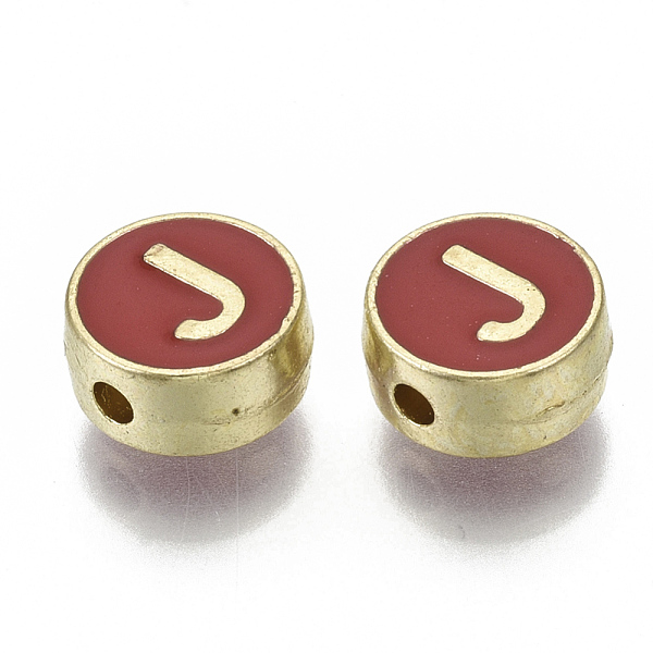 

PandaHall Alloy Enamel Beads, Cadmium Free & Nickel Free & Lead Free, Flat Round with Initial Letters, Light Gold, Letter.J, 8x4mm, Hole..., Red