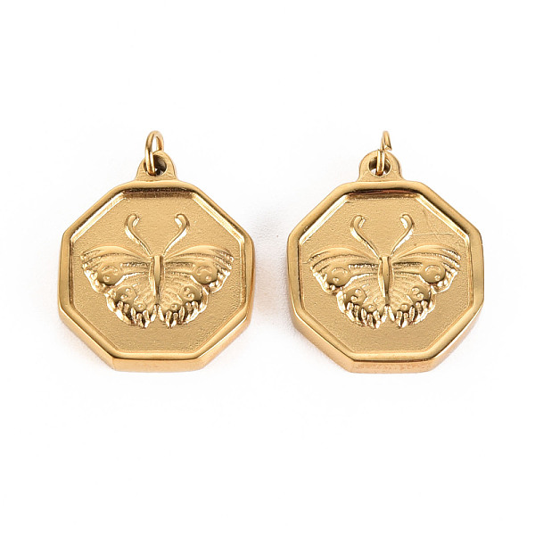 

PandaHall 316 Surgical Stainless Steel Pendants, with Jump Rings, Hexagon with Butterfly, Real 14K Gold Plated, 18x15x2.5mm, Jump Ring...