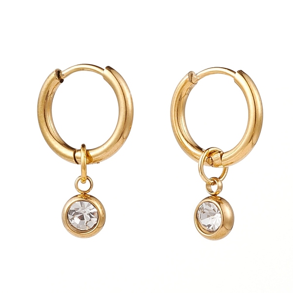 

PandaHall 304 Stainless Steel Huggie Hoop Earrings, with Rhinestone Birthstone Charms, Flat Round, Crystal, Golden, 22mm, Pin: 1mm 304..., Clear
