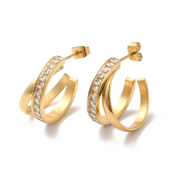 

PandaHall Crystal Rhinestone Criss Cross Stud Earrings, Ion Plating(IP)304 Stainless Steel Half Hoop Earrings for Women, Golden, 21x21x10mm..., Clear