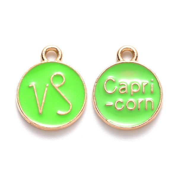 

PandaHall Alloy Enamel Pendants, Cadmium Free & Lead Free, Flat Round with Constellation, Light Gold, Pale Green, Capricorn, 15x12x2mm, Hole...