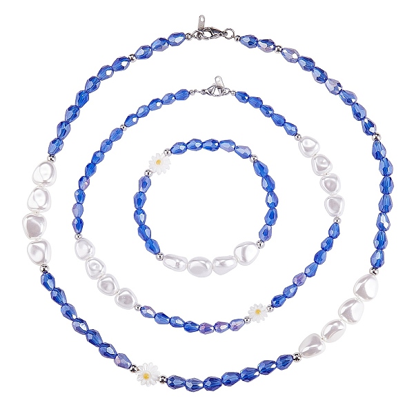 

PandaHall 3Pcs Natural Shell & Plastic Pearl Flower & Glass Beaded Necklaces and Stretch Bracelet Set, Jewelry Set for Women, Blue...