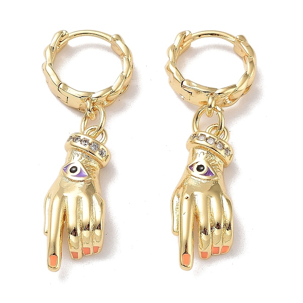 

PandaHall Real 18K Gold Plated Brass Dangle Hoop Earrings, with Enamel and Cubic Zirconia, Hand with Evil Eye, Colorful, 36.5x8mm Cubic...