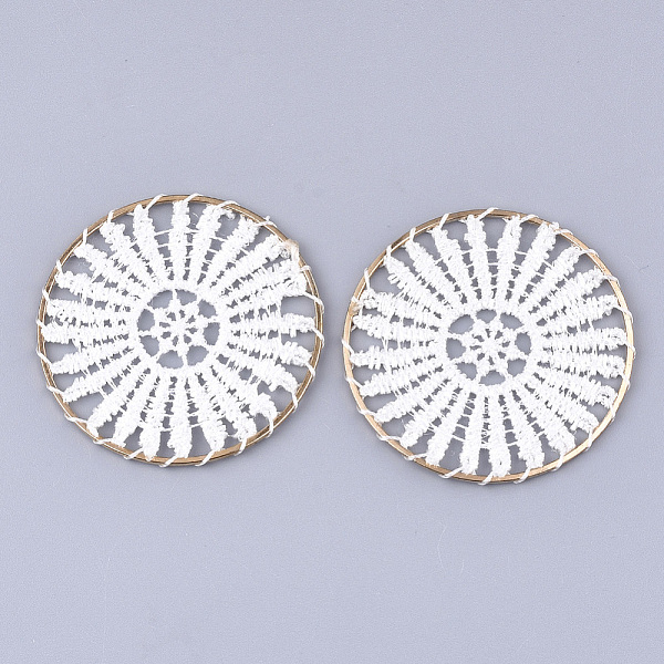 

PandaHall Polyester Woven Big Pendant Decorations, with Iron Findings, Flat Round, Light Gold, White, 52x1.5mm Polyester Flat Round White