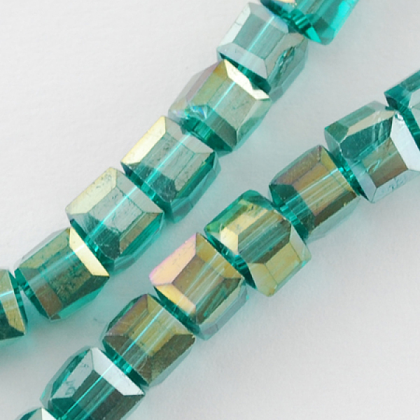 PandaHall Electroplate Glass Beads Strands, AB Color Plated, Faceted, Cube, Teal, 4x4x4mm, Hole: 1mm, about 100pcs/strand, 17 inch Glass...