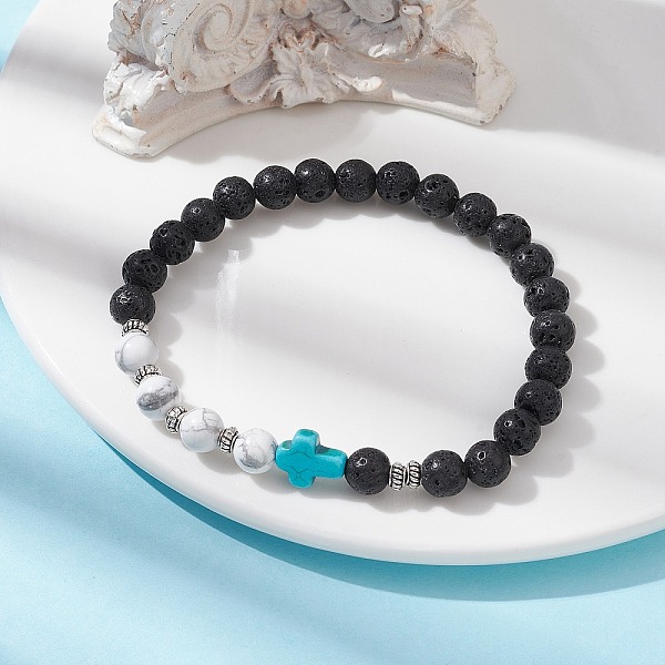 Cross Synthetic Turquoise & Natural Howlite & Lava Rock Beaded Stretch Bracelet