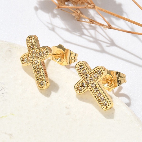 Brass Micro Pave Clear Cubic Zirconia Stud Earrings