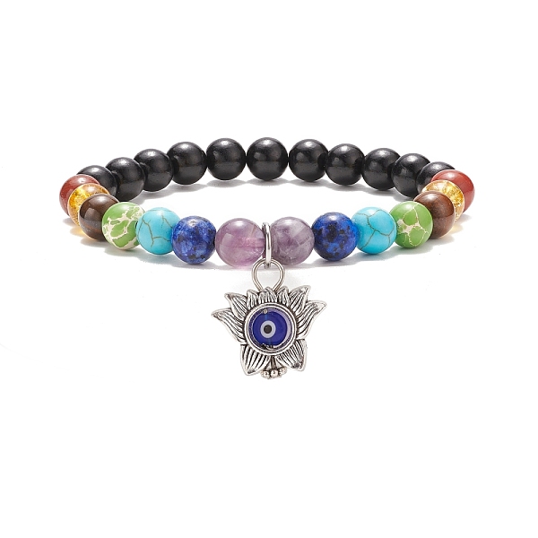 

PandaHall Natural Wood & Mixed Gemstone Round Beaded Stretch Bracelet, 7 Chakra Bracelet with Alloy Lotus with Lampwork Evil Eye Charm for..., Multicolor