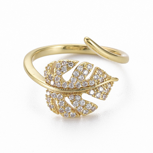

PandaHall Brass Micro Pave Clear Cubic Zirconia Cuff Rings, Open Rings, Nickel Free, Leaf, Real 16K Gold Plated, US Size 6 3/4(17.1mm)...