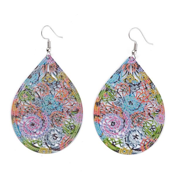 

PandaHall Spray Painted Stainless Steel Teardrop Dangle Earrings, Etched Metal Embellishments, with Iron Earring Hooks, Stainless Steel...