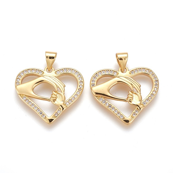 

PandaHall Brass Micro Pave Clear Cubic Zirconia Pendants, Long-Lasting Plated, with Snap on Bails, Heart with Hand in Hand, Golden...
