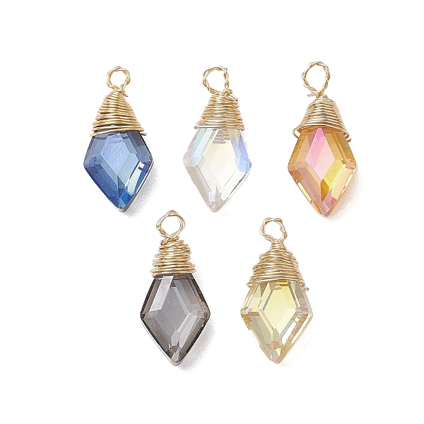 

PandaHall Copper Wired Glass Pendants, Rhombus, Light Gold, 18x8x5mm, Hole: 2mm Brass+Glass Rhombus Multicolor