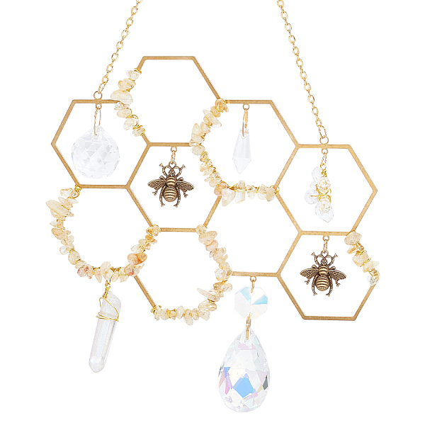 Honeycomb Bee Suncatcher Brass Crystals Window Hanging Bumble Prism Hive Catcher Crystals Pendant Balls Ornament for Window Home Indoor Outdoor Garden Christmas Day Party Wedding Gift Decor