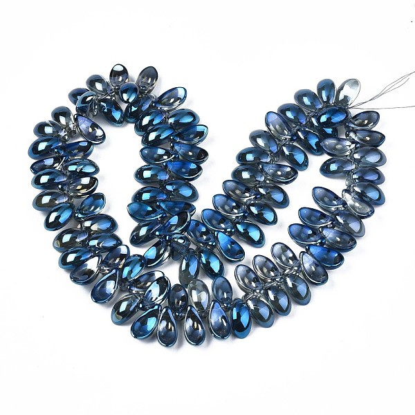 

PandaHall Electroplate Glass Beads Strand, Half Plated, Leaf, Blue Plated, 6x12.5x4.5mm, Hole: 0.9mm, about 100pcs/strand, 14.17 inch~ 15.35...