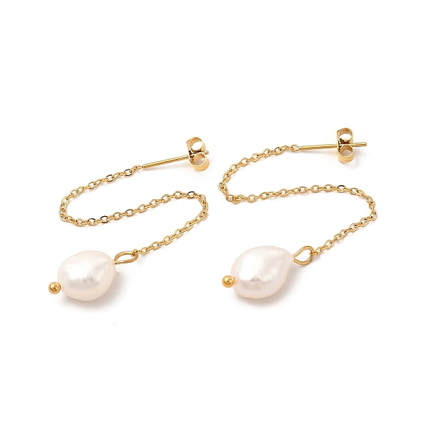 PandaHall Natural Pearl Beaded Ear Thread, Vacuum Plating 304 Stainless Steel Tassel Dangle Stud Earrings for Women, Golden, 88mm, Pin...