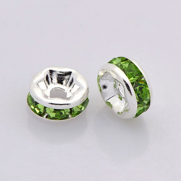 

PandaHall Brass Rhinestone Spacer Beads, Grade A, Straight Flange, Silver Color Plated, Rondelle, Peridot, 7x3.2mm, Hole: 1.2mm..., Green