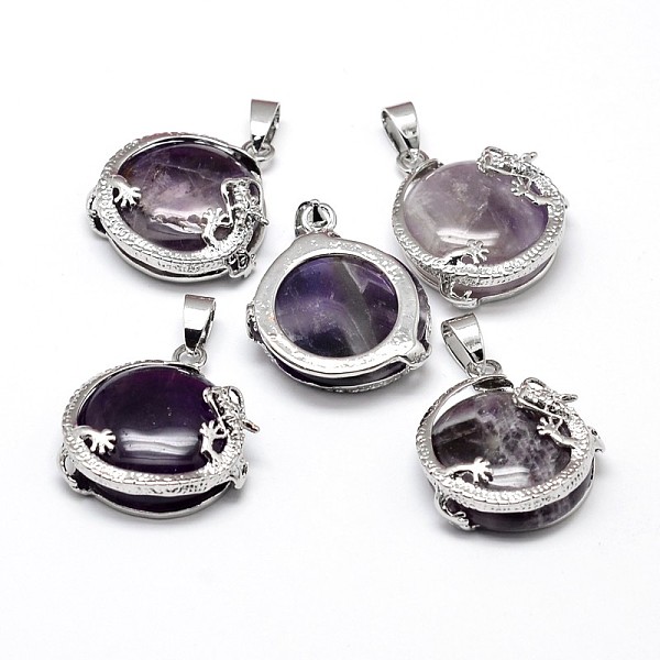 

PandaHall Flat Round with Dragon Platinum Plated Brass Natural Amethyst Pendants, Cadmium Free & Lead Free, 26.5x24x9mm, Hole: 7x4mm...