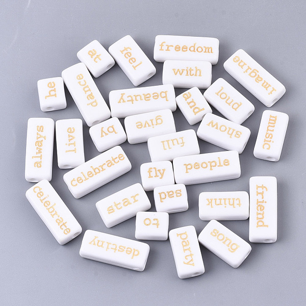 

PandaHall Opaque Acrylic Beads, with Enamel, Rectangle with Words, White, Gold, 12~24x9~10x6mm, Hole: 3mm, about 210pcs/250g Acrylic...