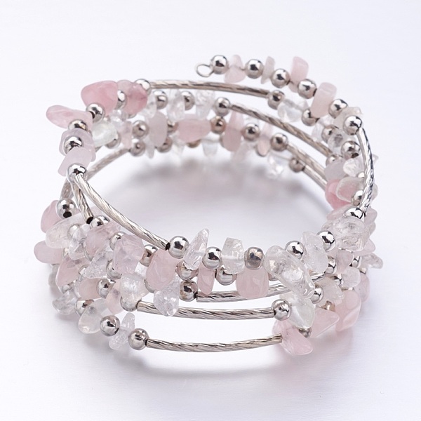 

PandaHall Five Loops Wrap Rose Quartz Beads Bracelets, with Crystal Chips Beads and Iron Spacer Beads, Pink, 2 inch(52mm) Rose Quartz Pink
