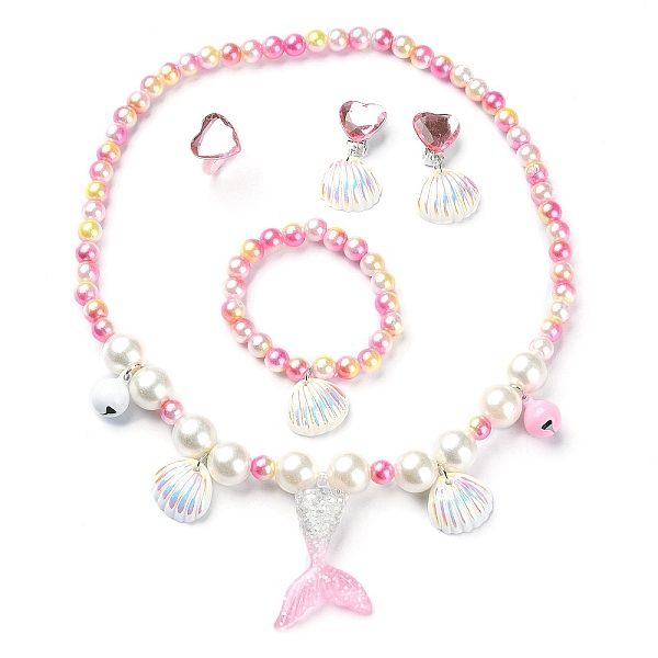 PandaHall Plastic & Resin Bead Jewelry Set for Kids, including Shell & Mermaid Tail Pendant Necklaces & Charm Bracelets, Heart Finger Rings...