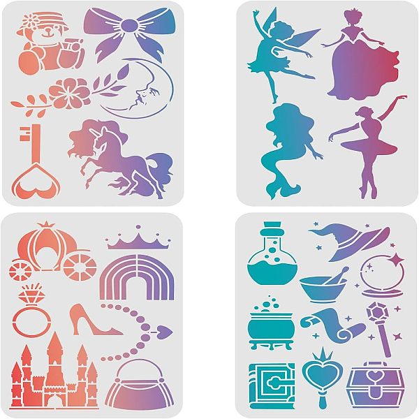 

PandaHall FINGERINSPIRE 4 Pcs Fantasy Stencils Template 29.7x21cm Plastic Unicorns Castles Drawing Painting Stencils Magic Princess Flower...