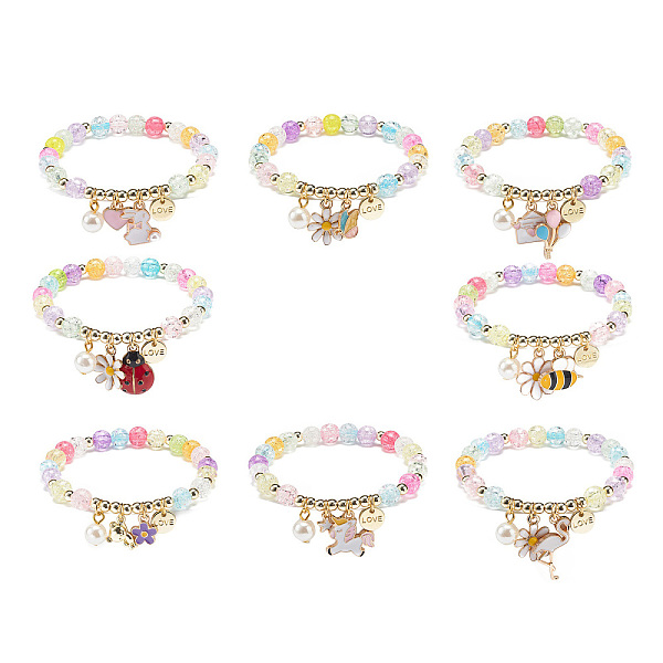 

PandaHall 8Pcs 8 Style Acrylic Round Beaded Stretch Bracelets Set, Flower & Balloon & Unicorn & Word Love Alloy Enamel & Plastic Pearl..., Multicolor