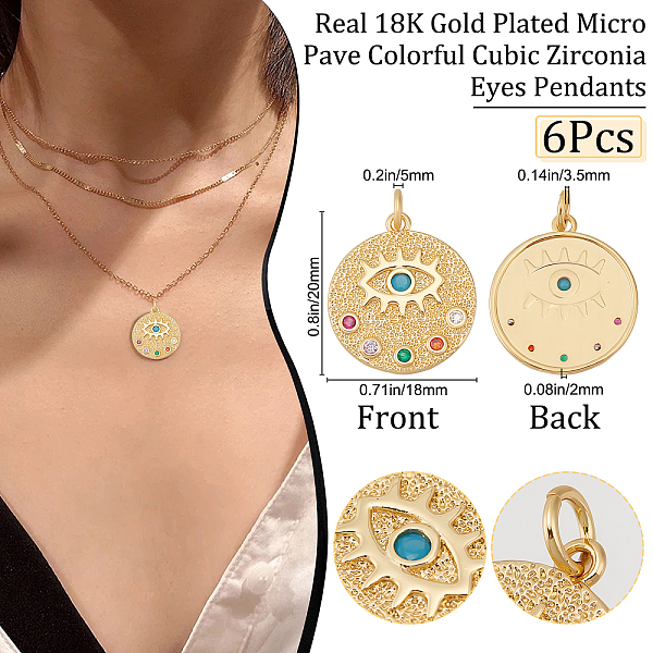 

PandaHall Beebeecraft 6Pcs/Box 18K Gold Plated Evil Eye Charms Colorful Cubic Zirconia Flat Round with Eye Pendant Charms with Jump Ring for...