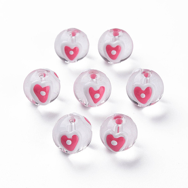 

PandaHall Transparent Glass Enamel Beads, Round with Heart, Hot Pink, 13.5~14x12~12.5x11.5mm, Hole: 1.6~2mm Glass Round