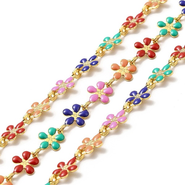 

PandaHall Ion Plating(IP) Handmade 316 Surgical Stainless Steel Enamel Link Chains, Soldered, Real 18K Gold Plated, with Spool, Flower..., Multicolor