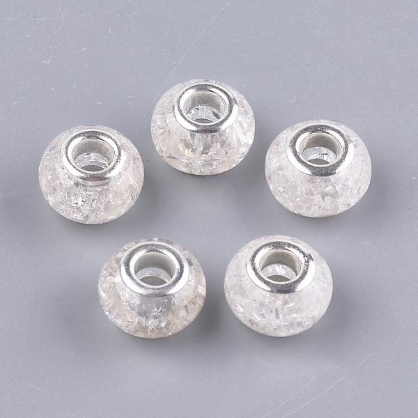 

PandaHall Crackle Resin European Beads, Large Hole Beads, with Silver Color Plated Brass Cores, Rondelle, Clear, 13.5~14x8.5~9mm, Hole: 5mm...