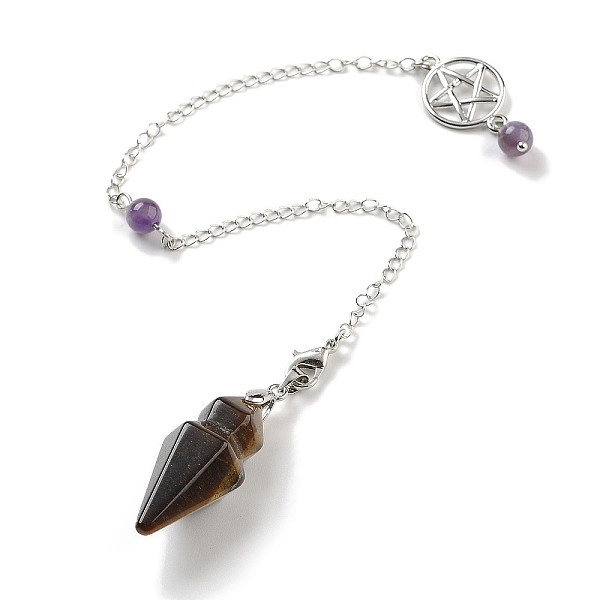 

PandaHall Natural Tiger Eye Pointed Dowsing Pendulums, with Rack Plating Brass Findings, Cone, 235mm Tiger Eye Cone